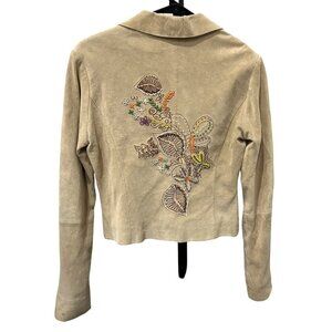 Vintage G Brand Embroidered Leather Womens Beige Short Jacket Sz M